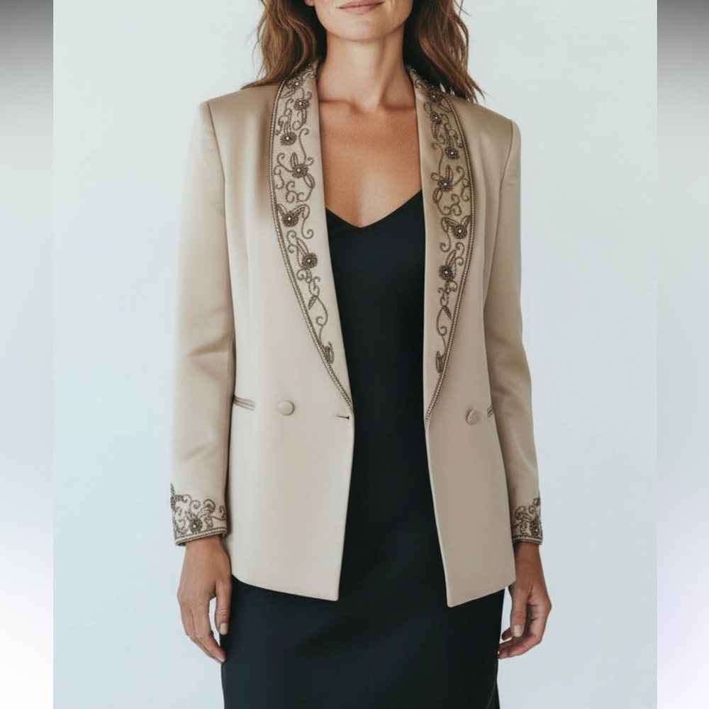 Vintage BLACK TIE OLEG CASSINI Silk Beaded Beige Tan Evening Jacket Blazer Sz 14